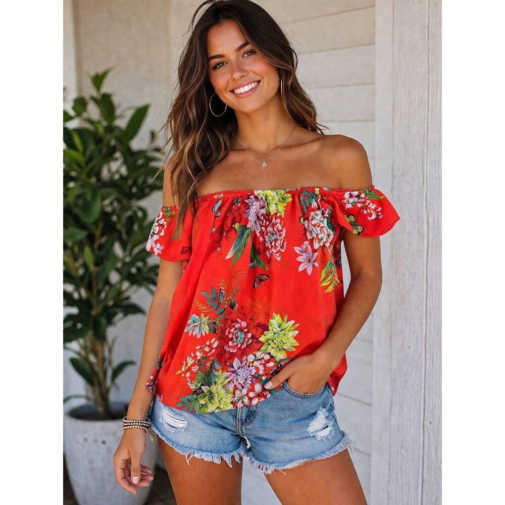 i jeans by Buffalo Red Floral Off-Shoulder Top